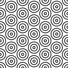 Repeated small and big black circles background. Seamless surface pattern design with circular ornament. Hoops wallpaper. Round motif. Spheres image. Digital paper with rings. Vintage style vector art