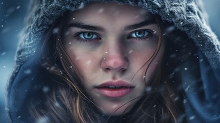 Obraz premium Portrait of a gorgeous woman wearing a winter coat fur in a snowstorm