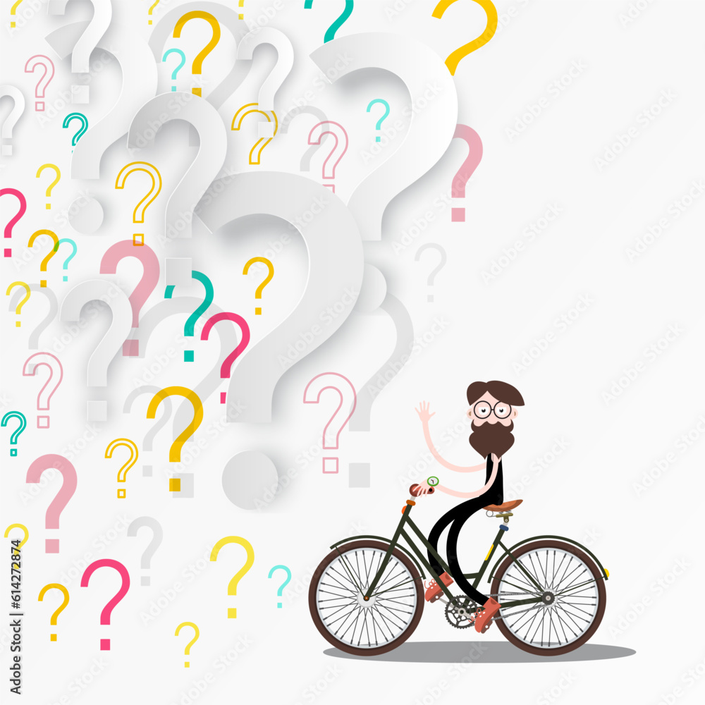 Poster man on bicycle with question marks on background - vector