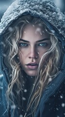 Portrait of a gorgeous woman wearing a winter coat fur in a snowstorm