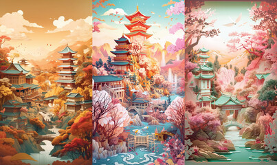 Japanese Paper Landscape Art Depicting Japanese Temple and Gardens (Bundle of 3 vertical)