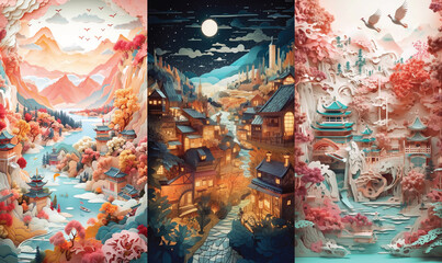 Fototapeta premium Japanese Paper Landscape Art Depicting Japanese Temple and Gardens (Bundle of 3 vertical)