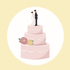 pink wedding cake with flowers and figures of bride and groom