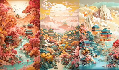 Japanese Paper Landscape Art Depicting Japanese Temple and Gardens (Bundle of 3 vertical)