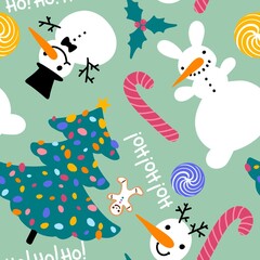 Cartoon new year seamless Christmas tree and snowman and candy and mistletoe pattern for wrapping paper