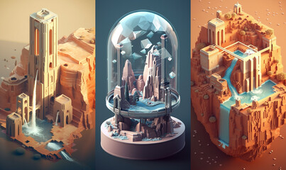(Bundle of 3) 3D game design isometric islands concept render art in light colors and pastel gradients in a minimalist and modern style	