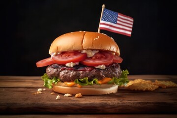 Juicy grilled hamburger on USA flag background. Generative AI