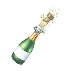 A glass bottle with champagne flying out with a cork, splashes and bubbles. Watercolor illustration, hand drawn. Isolated element on a white background. © NATASHA-CHU