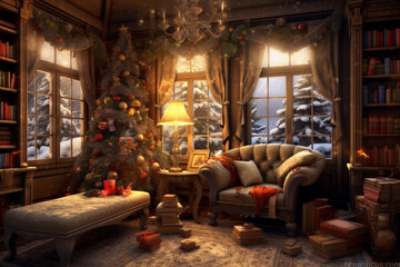 Fototapeta na wymiar Generative ai. Christmas interior design decoration, living room