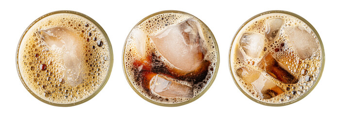 Iced Porter Beer Isolated Top View, Stout in Glass, Dark Beer with Foam and Ice Cubes, Bubbles on Alcohol Drunk
