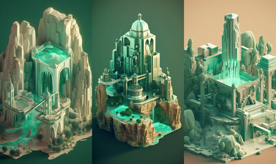 Bundle of 3: 3D game design isometric islands concept render art in light colors and pastel gradients in a minimalist and modern style