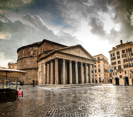 Pantheon in Rome, Italy. Pantheon is a famous monument of ancient Roman culture, the temple of all the gods, built in the 2nd century.