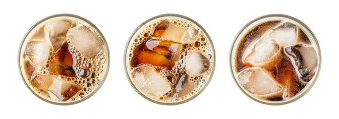 Iced Porter Beer Isolated Top View, Stout in Glass, Dark Beer with Foam and Ice Cubes, Bubbles on Alcohol Drunk