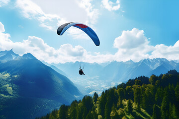 A person soaring in a glider amidst the blue sky, with mountains and green trees below