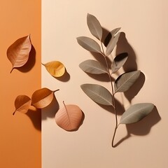 Autumn or fall scene background with leaves and shadows. Minimal nature seasonal conccept. Flat lay composition.