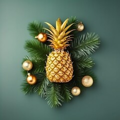 Fototapeta premium Christmas tree made of pineapple leaves and christmas decoration. Holiday concept.