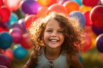 Fototapeta na wymiar The joy and excitement of a child girl playing in a field of colorful balloons in a close - up shot. Generative AI