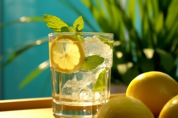 A close-up shot of a glass filled with ice cubes and freshly squeezed lemonade, garnished with a lemon slice and mint leaves, against a bright and vibrant background. Generative AI
