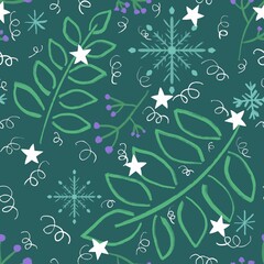 Fototapeta na wymiar Winter floral seamless snowflakes and branches and berries pattern for Christmas gift box and wrapping paper