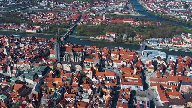 Aerial view around the old town center of the city Regensburg in Germany
