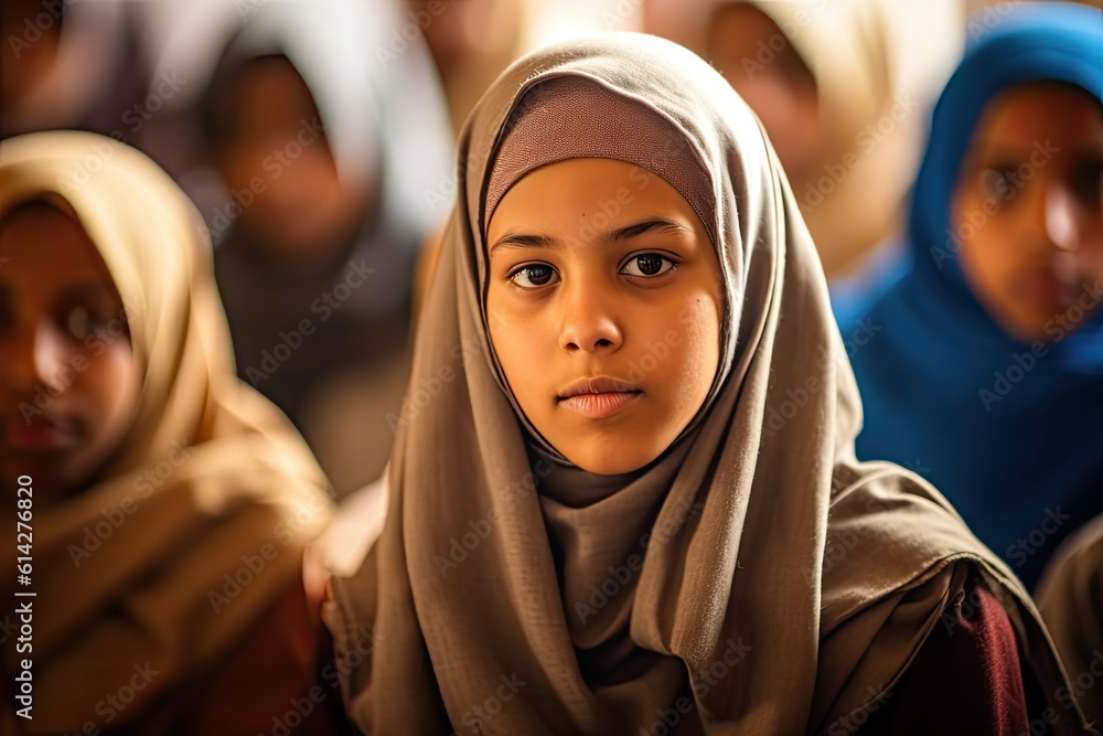 Poster Back to school. Middle eastern muslim school female teenage student posing at the classroom looking at the camera 