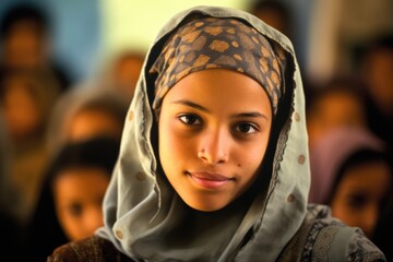 Back to school. Middle eastern muslim school female teenage student posing at the classroom looking at the camera 