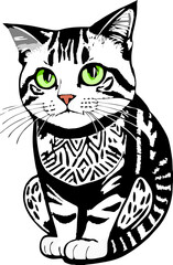 Fototapeta na wymiar graphic drawing white cat with green eyes, logo
