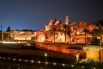 Diriyah old town walls illuminated at night, Riyadh, Saudi Arabia