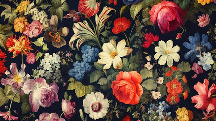 Generative AI. A charming vintage wallpaper featuring a delightful assortment of botanical flowers, adorned with a classic motif, perfect for creating floral print digital backgrounds