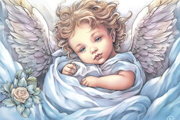 illustration of cute little angel with wings. AI generated