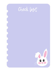 Lovely purple Check list, To Do, Notes decorated templates with little cute kawaii bunny. Printable checklist. Holidays to do, for notes, check list for gifts, wish, shopping