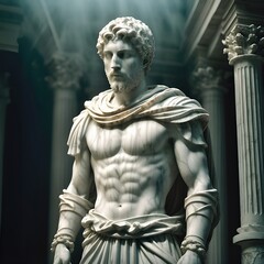 Image of a white marble statue bust of a roman soldier or the demigod hero Hercules. According to Greek mythology, despite not being a God, Hercules was welcomed into Mount Olympus. - obrazy, fototapety, plakaty