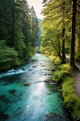 Obraz premium As the viewer's gaze follows the undulating contours of the landscape, a meandering river comes into view, its turquoise waters carving a graceful path through the valley. 