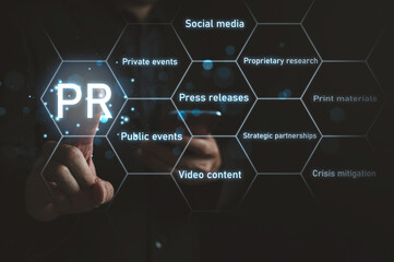 PR Public relations concept. Communication advertising marketing strategy, 9 public relations...