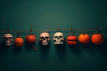 halloween props background and decoration pumpkin, skull, spider - obrazy, fototapety, plakaty