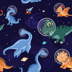 Dinosaurs in space seamless pattern. Vector illustration background.
