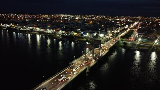 juazeiro, bahia, brazil - april 3, 2023: night aerial view of the Sao Francisco river between the cities of Juazeiro and Petrolina, in northeastern Brazil.