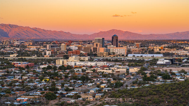 wide angle photograph of downtown Tucson, Arizona during sunset.