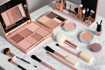 A nude eyeshadow palette and makeup artist's tools on a marble vanity. Brushes for powder, blush, eyebrows, shadows and sponges for concealer and foundation. Generative AI