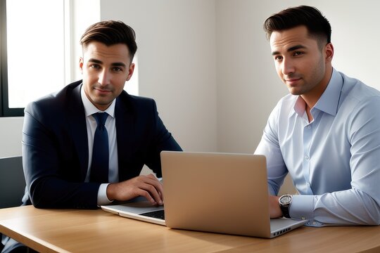 Two businessmen sitting at table, using digital tablet and laptop coworking at modern office, close up. Business colleagues working together, having a discussion on a project. Generative AI