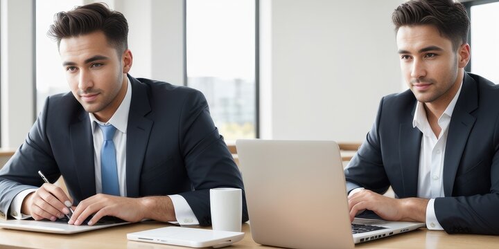 Two smiling businessmen working at laptop in office discussing ideas, happy managers analyzing company financial statistics, considering new projects or startups. Cooperation concept. Generative AI