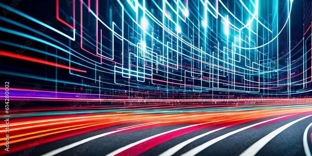 Poster digital data flow on road with motion blur to create vision of fast speed transfer. concept of futur