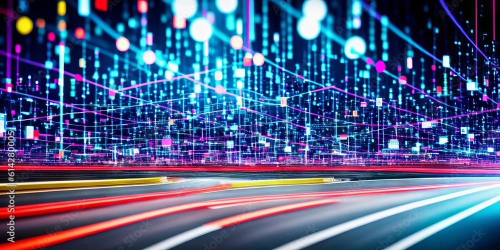 Poster digital data flow on road with motion blur to create vision of fast speed transfer. concept of futur