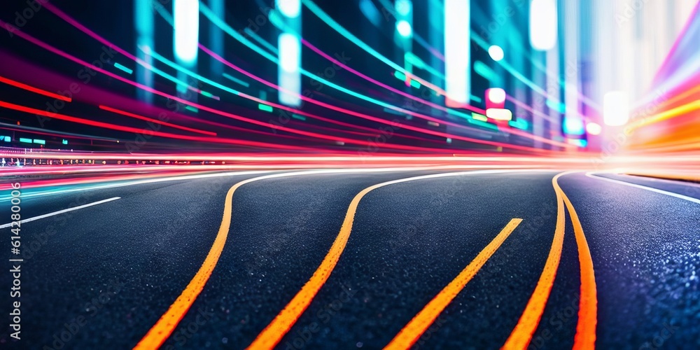 Poster city street with binary code numbers on motion blurred asphalt road, speed and faster digital matrix
