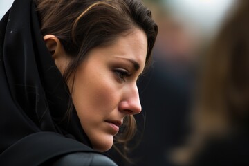A close-up shot of a sad woman at the graveside during a funeral. Generative AI