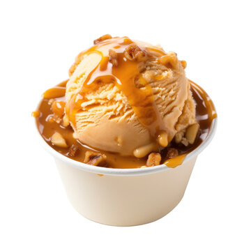 a dollop of caramel praline crunch ice cream isolated on a transparent background, generative ai