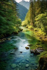 Obraz premium As the viewer's gaze follows the undulating contours of the landscape, a meandering river comes into view, its turquoise waters carving a graceful path through the valley. 