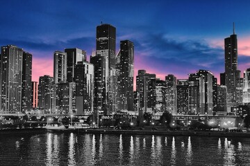 Fototapeta na wymiar Chicago City at dusk. Contrasts of Buildings and skyline.
