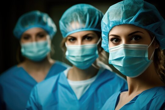 Masked faces reflecting the expertise of a female doctor and her team after a grueling surgery. Generative AI