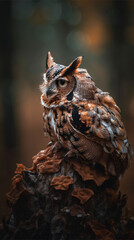 Wild horned owl in the forest during autumn (close-up) - Vertical